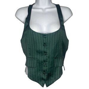 Lioness NYC Halter Top Vest Waistcoat Size S Dark Green Pinstripe Satin